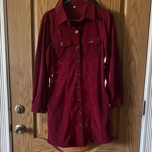 Long Sleeve Button-Front Corduroy Dress in Deep Red